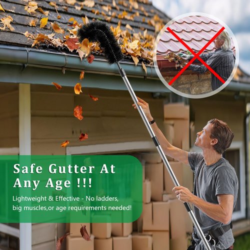 Gutter Cleaning Tools from The Ground, Rain Gutter Cleaning Brush with Pole, No Ladder Needed for Removing Leaves Debris from Roof Gutters, Leaf CleaningTool, Long-Reach Gutter Cleaner Tool, Black