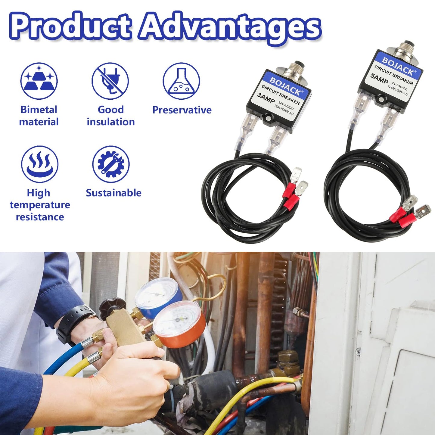 BOJACK 3 Amp 5 Amp Resettable Fuse HVAC Tools Circuit Tester for Circuit Breaker 24V AC/DC & 125/250V AC