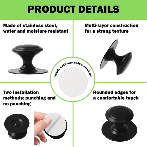 16 Pcs Self-Stick Drawer Knobs, 1.18 Inch Round Instant Cabinet Handle Pulls, Stainless Steel Adhesive Sliding Door Stick On Handle with Mounting Screws for Cabinet Cupboard Drawer (Matte Black)
