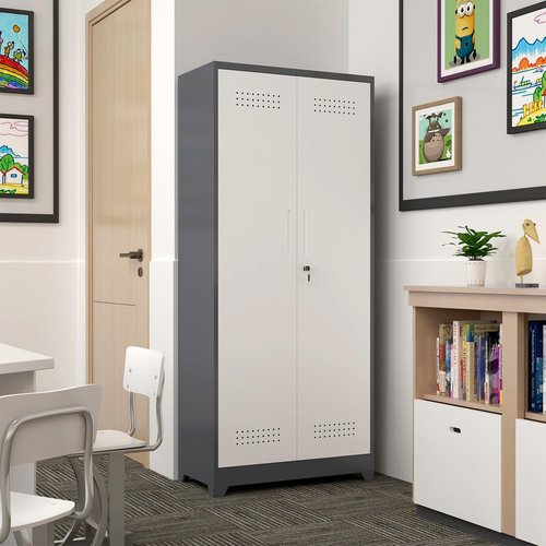 GREATMEET 72.8" H Utility Closet, Broom Closet Storage Cabinet with Adjustable Shelves and Pegboard, Utility Cabinet for Brooms and Mops, Grey-White