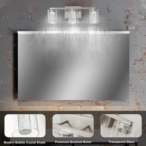 SineRise 3-Light Brushed Nickel Vanity Light with 3 Color Modes (3000K/4000K/6000K), Eye Protection LED Bathroom Light Fixture, Dimmable Modern Wall Light Over Mirror with Clear Glass Shade