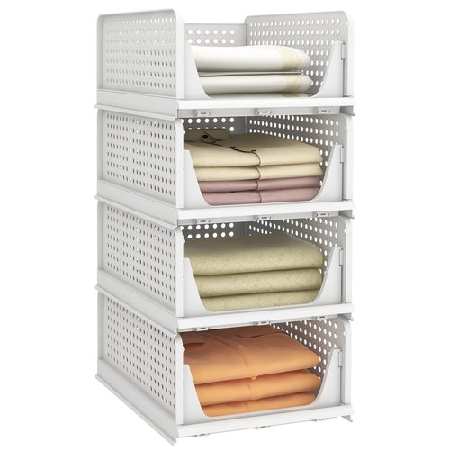 Pinkpum Stackable Plastic Storage Basket, Foldable Closet Organizers and Storage Bins 4 Pack Drawer Shelf Storage Container for Wardrobe Kitchen Bathroom Office Dorm Off White
