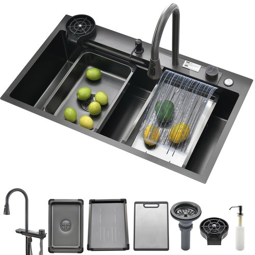 Kitchen Sink Black Luxury Waterfall Kitchen Sinks Modern Multifunctional Stainless Steel Sink With integrated faucet, cup washer, soap dispenser included (Black, 34 * 18in)
