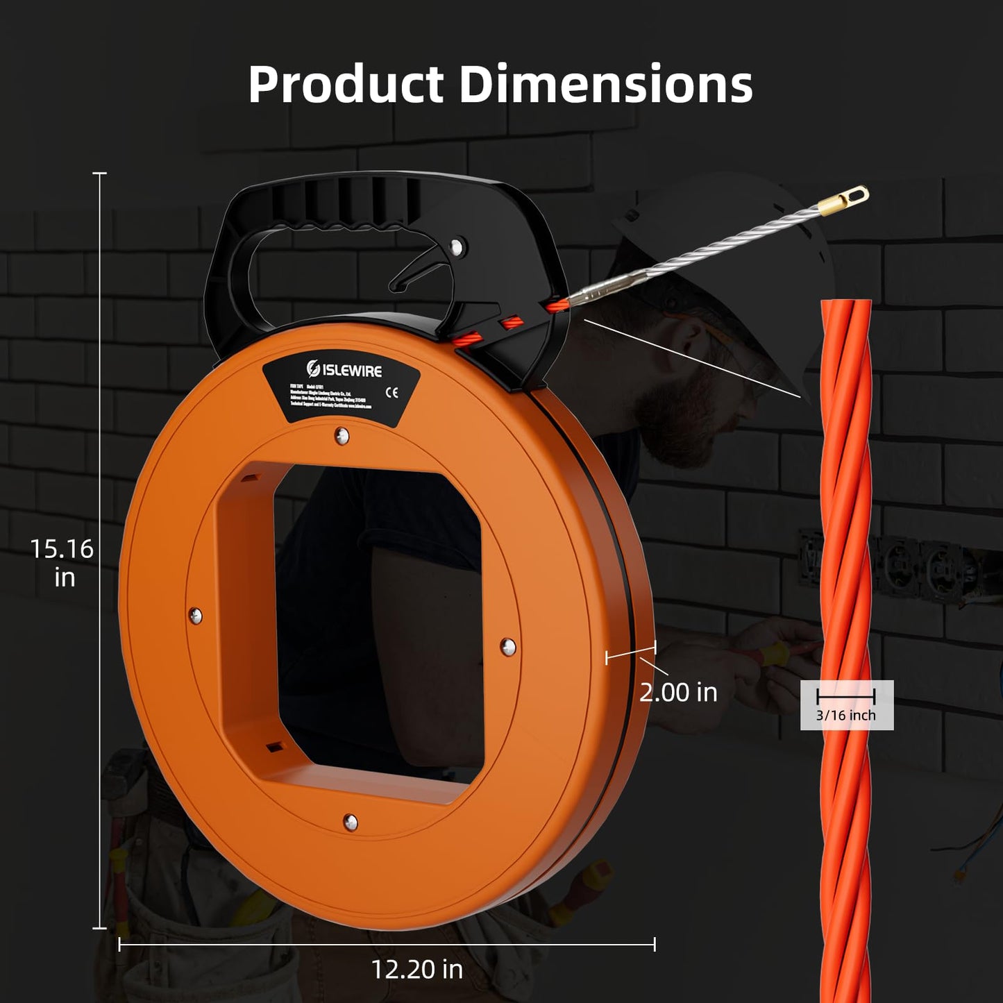 islewire 125 ft Electrical Fish Tape, 3/16-inch PET Wire Puller with Optimized Housing and Ergonomic Handle, Flexible Non-Conductive Cable Puller Tool with Steel Leader for Walls and Conduit