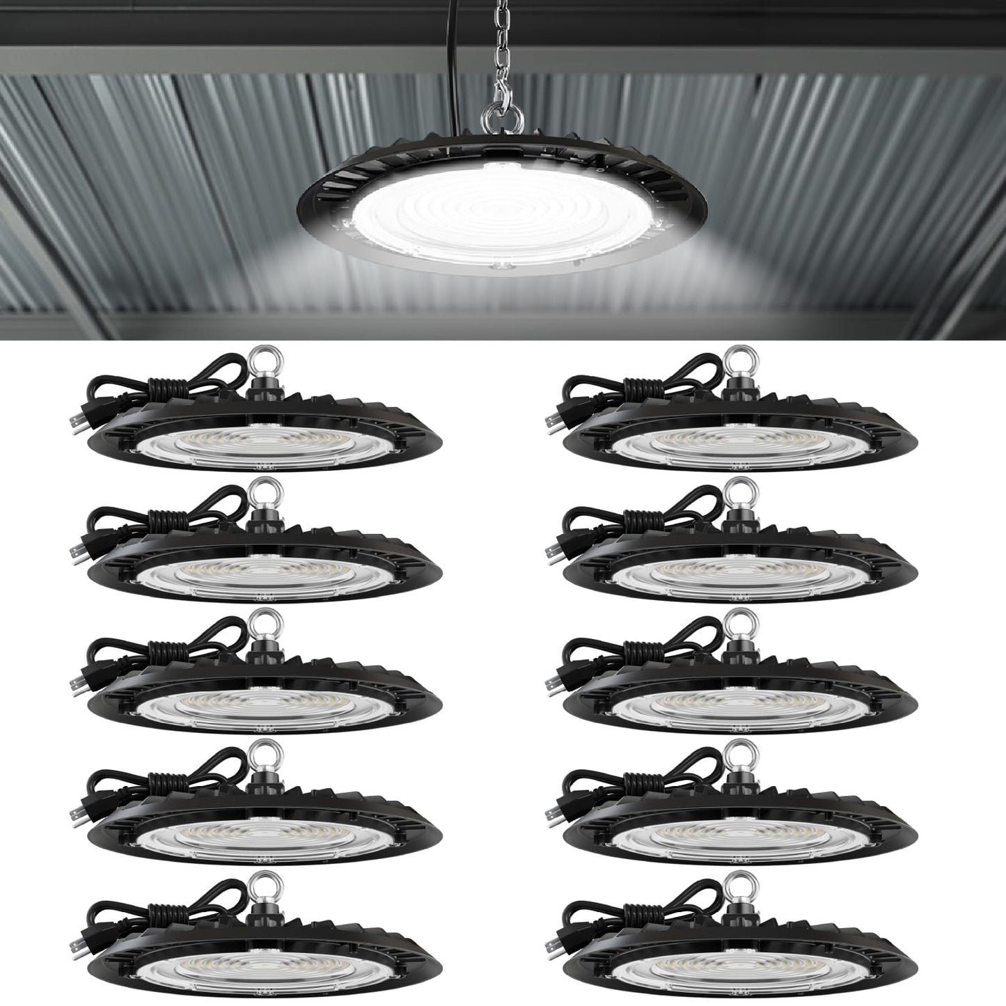 Sunco 10 Pack UFO LED High Bay Light, Shop Lights for Warehouse, Plug & Play, 19500 LM, 150W, 5000K Daylight, Power Cord Included, IP65 Waterproof Shatterproof Fixture UL.
