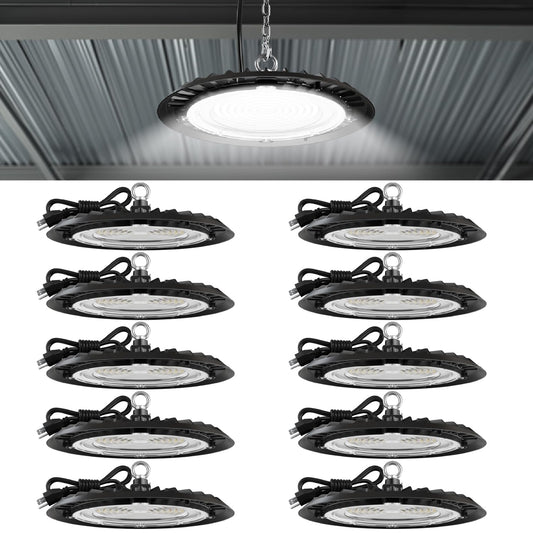 Sunco 10 Pack UFO LED High Bay Light, Shop Lights for Warehouse, Plug & Play, 19500 LM, 150W, 5000K Daylight, Power Cord Included, IP65 Waterproof Shatterproof Fixture UL.