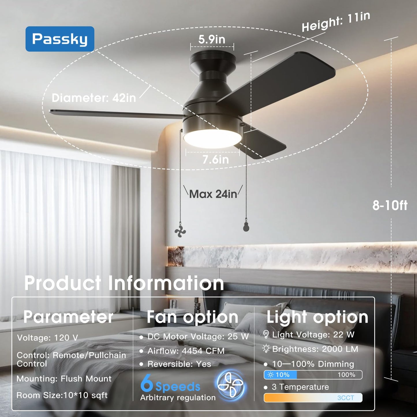 Passky Ceiling Fans with Lights, 42 inch Low Profile Ceiling Fan with Pull Chain and Remote Control, Flush Mount, Reversible, 5CCT, Dimmable, Noiseless, Black Pull Cord Ceiling Fan for Bedroom