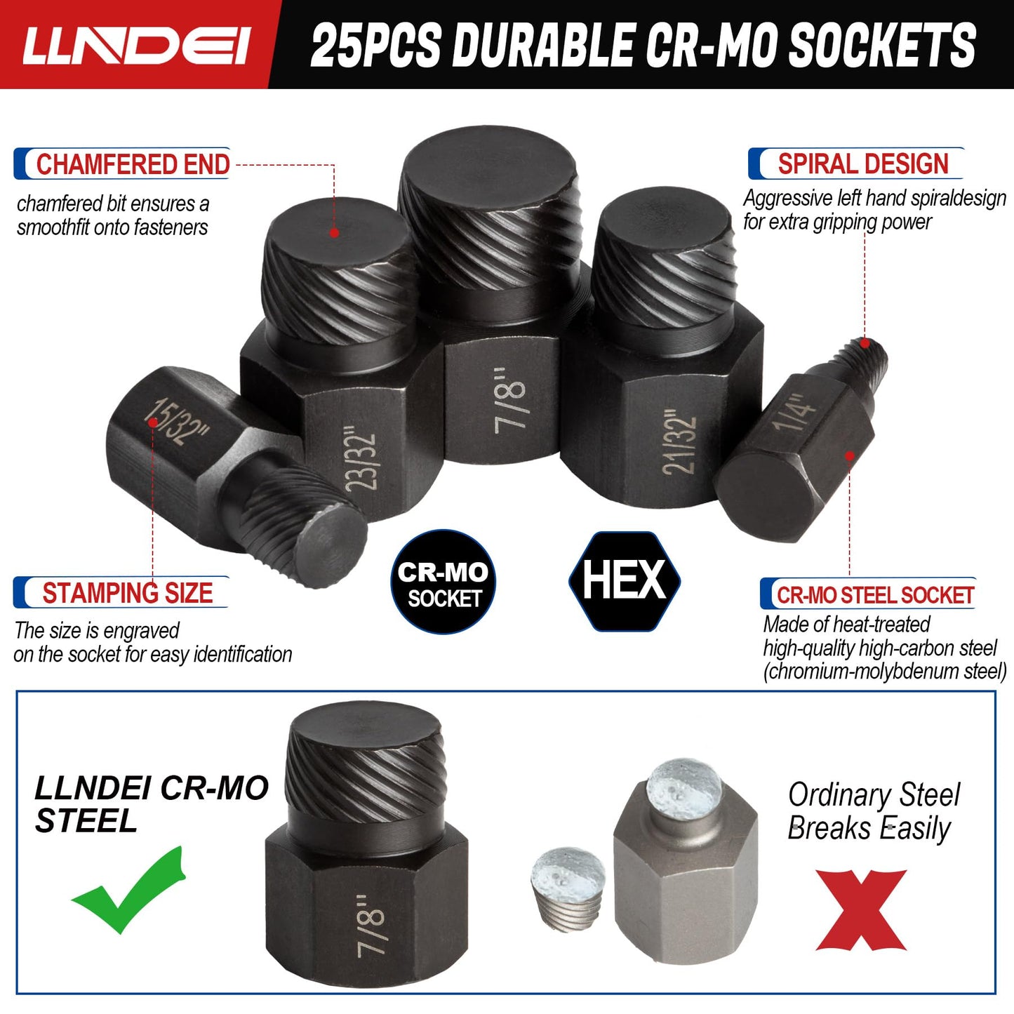 LLNDEI Screw Extractor Set Hex Head Multi-Spline Easy Out Bolt Extractor Set, EZ Out Rounded Screw Remover, 1/8 Inch to 7/8 Inch in 1/32-Inch Increments, CR-MO, 25 Pieces, Stripped Fastener Tool