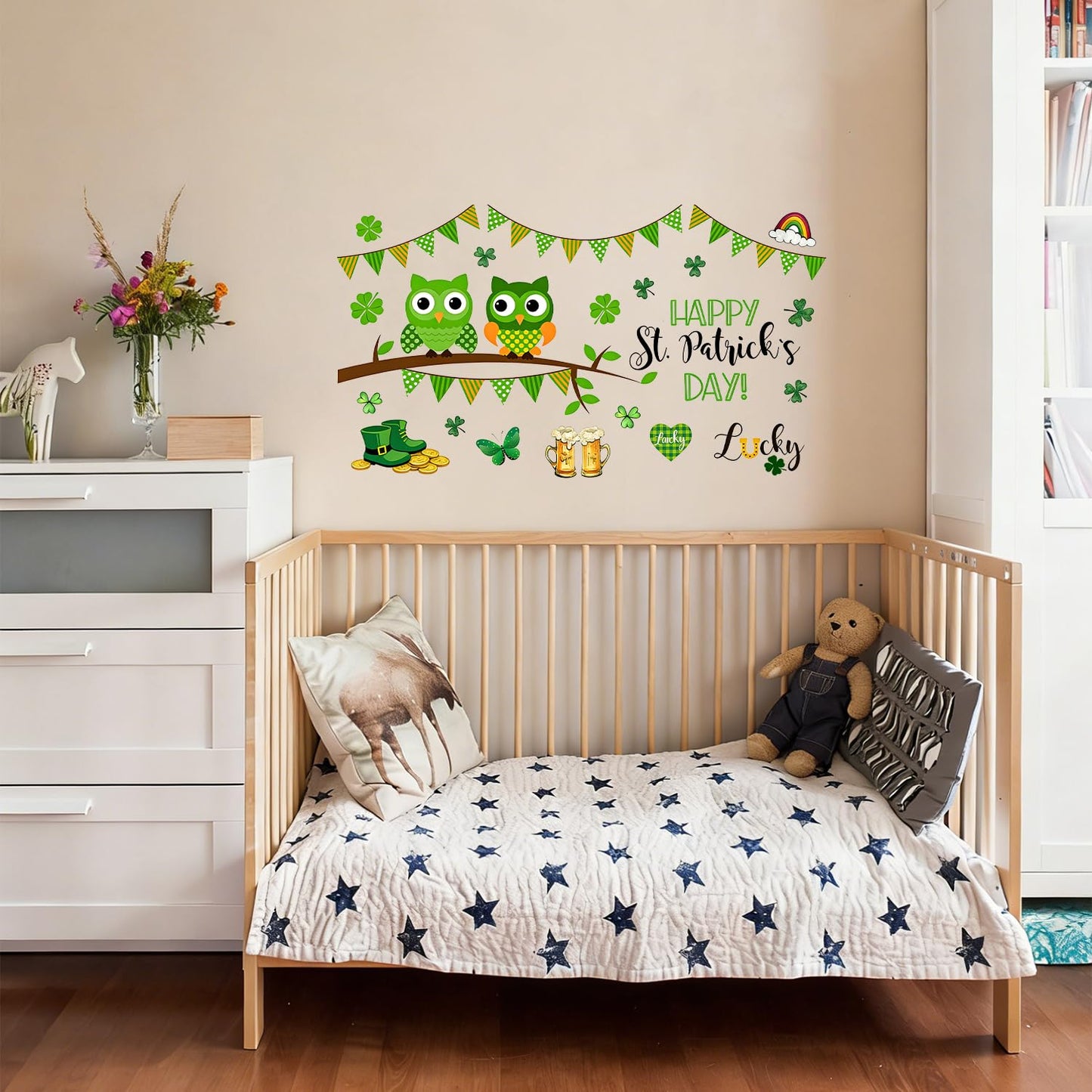FOREVER QUEEN St. Patrick's Home Party Wall Decals -Shamrock Lucky Owl Stickers,Peel and Stick Removable Wall Art for Family Party Decor