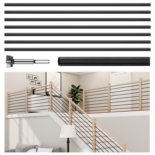 7 Pack 8 FT x 35/64 inch Iron Stair Balusters with 14mm Wood Drill Bit, Matte Black Hollow Horizontal Interior Baluster, Stair Railing Spindles for Indoor Staircase