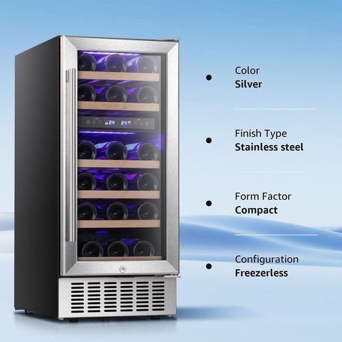 Antarctic Star Mini Fridge 15 Inch Wine Cooler Under Counter Beverage Refrigerator,28 Bottles Built-in Dual Zone Freestanding Wine Fridge with Stainless Steel Double-Layer Tempered Glass Door