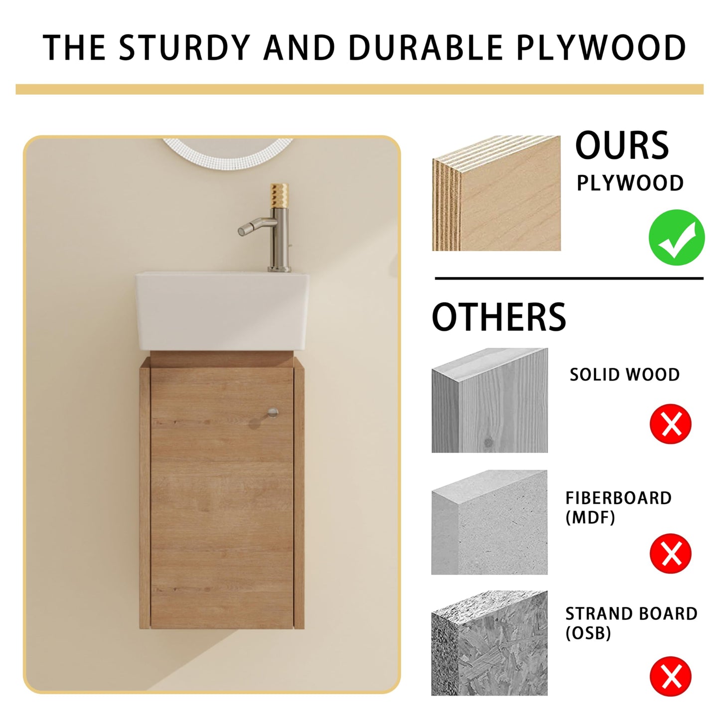 Malwee 12 Inch Wall-Hung Vanity, Corner Vanity, 12'' Floating Bathroom Vanity with Sink, with 1 Door and White Ceramic Basin Sink Top (045-12)