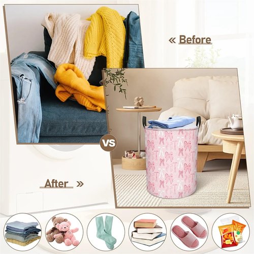 Pink Bow Laundry Basket for Women Girls, Large Canvas Collapsible Organizer Storage Basket for Nursery,Office,Toy Organizer,Home,Decor - 19.7" X 15.7 "