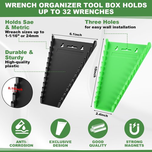 Blulu 8 Pack Magnetic Socket Organizer Set 1/4", 3/8", 1/2" Socket Holder, Magnetic Wrench Organizer 24-slot Drawer Storage Rack Tool Tray SAE (1/4" to 1-1/16"), Metric (6mm to 24mm), Green Black