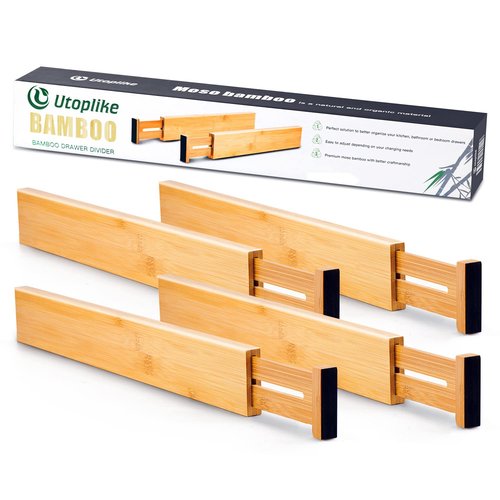 Utoplike 4 pcs Bamboo Kitchen Drawer Dividers Large, Adjustable Drawer Organizers, Spring Loaded, Works in Kitchen, Dresser, Bathroom, Bedroom, Drawer, Desk