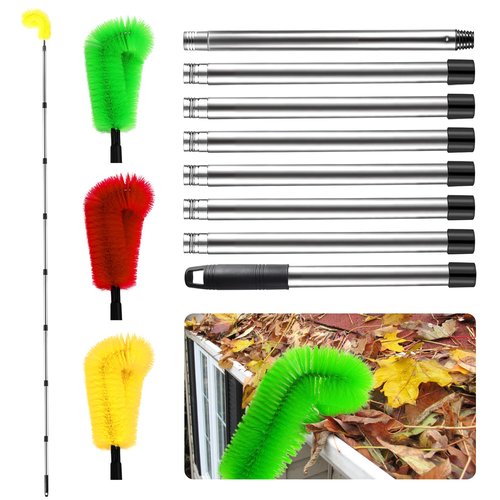 jbcgv Gutter Cleaner Tools from Ground - 10.5FT Adjustable Gutter Cleaning Brush with 3 Brush, No Ladder Needed Gutters Brush Pole for Removing Leaves, Debris/Safe Roof Cleaning