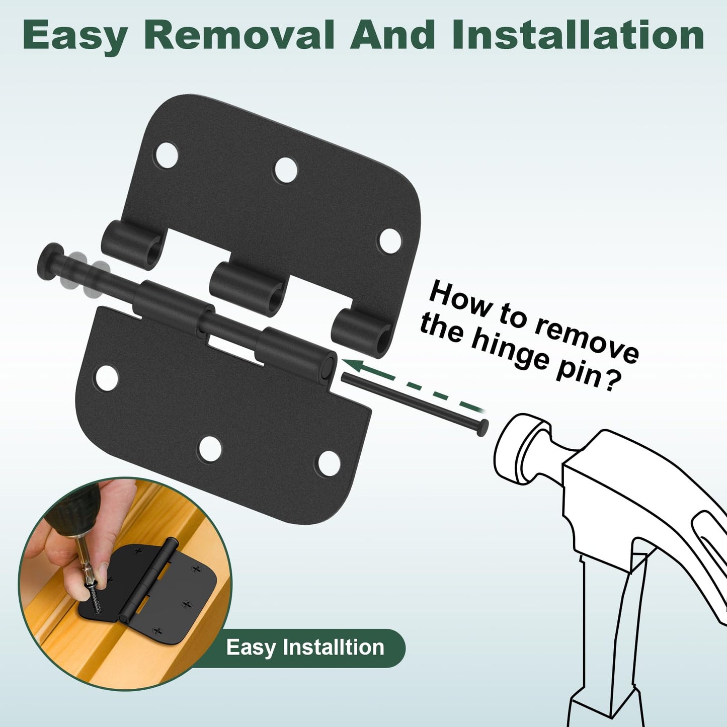 Estmoon 42 Pack Matte Black Door Hinges 3.5 x 3.5 Inch, 5/8" Radius Rounded Interior Hinges for Standard Doors, 6 Holes