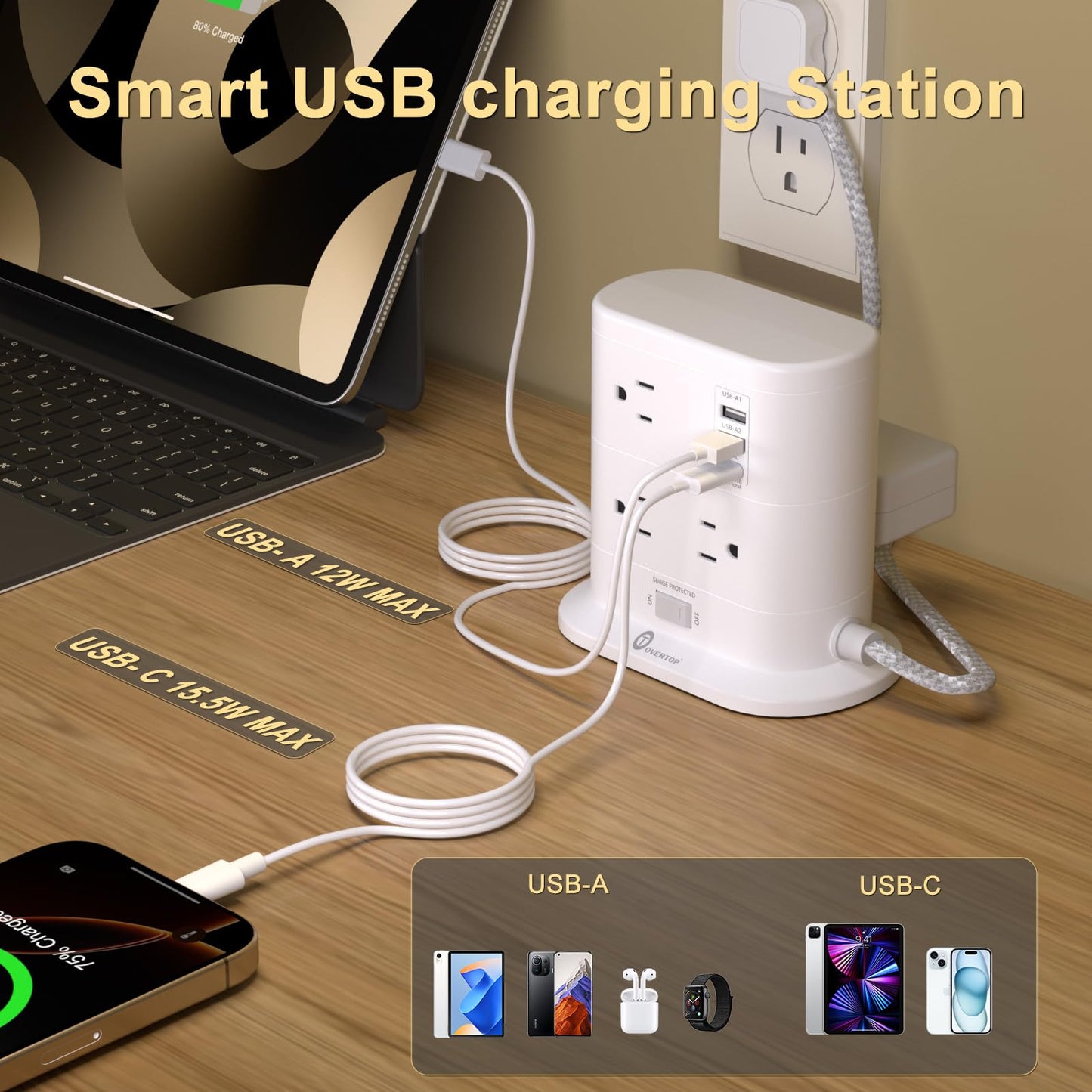 Tower Power Strip with Surge Protection, Flat Plug Power Strip with 7 AC Outlets 3 USB Ports, Tower 1625W/13A 1600J, 6Ft Extension Cord with Multiple Outlets, Office Supplies, Dorm