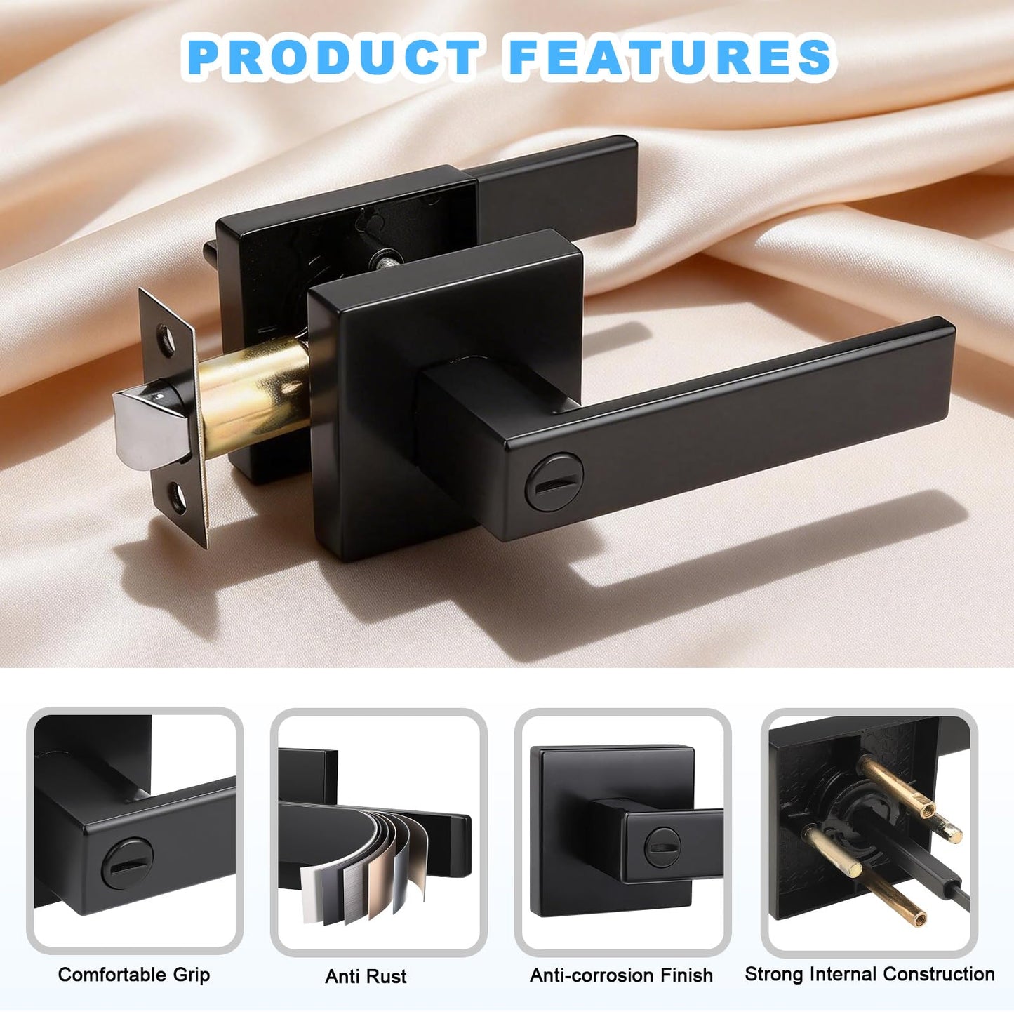 Brotima 5 Pack Matte Black Door Handles Privacy Door Levers, Heavy Duty Bed and Bath Door Locks Interior Keyless Locksets, Reversible Flat Levers with Square Rosette