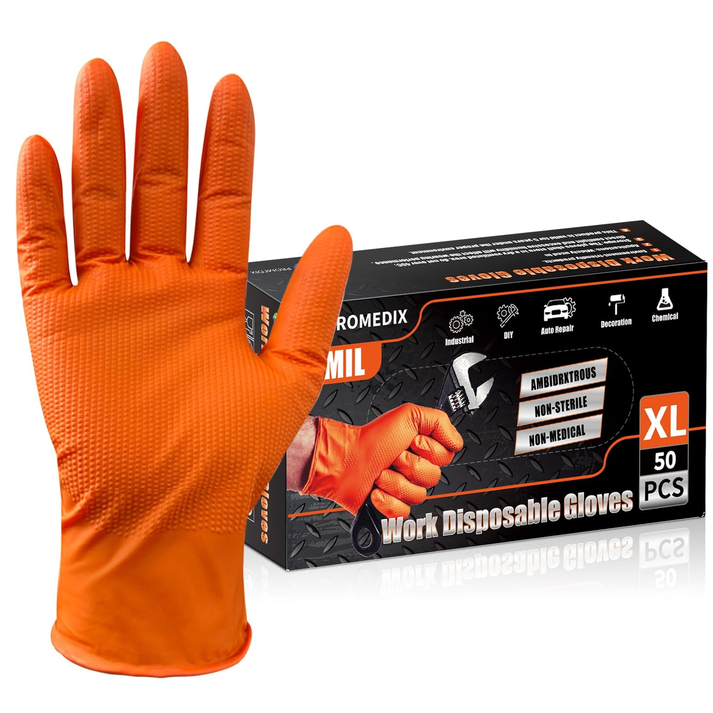 PROMEDIX P Heavy Duty Nitrile Disposable Gloves,8-mil Orange,Raised Diamond Texture Work Gloves，Industrial Work gloves (8mil Orange Box of 50, Small)