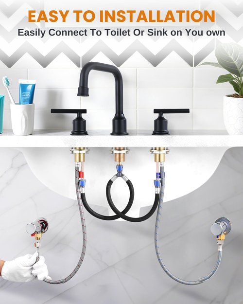 Faucet Supply Lines：WOWOW 16" Length Bathroom Kitchen Faucet Sink Hose with 3/8" Female Compression Thread x M8 Male Connector, Braided Nylon cUPC Water Supply Line 2PCS