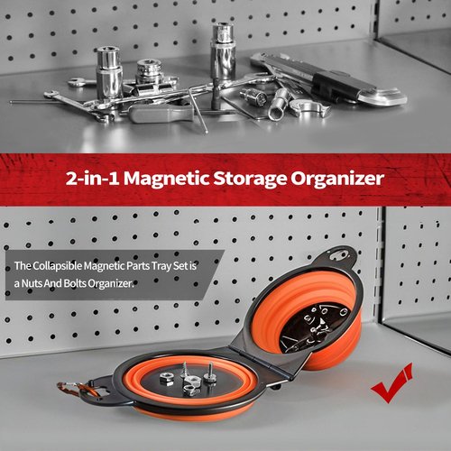 Collapsible Magnetic Parts Tray Set, Foldable Magnetic Trays, Integrated 5.1" Round Dual Silicone Bowls, Multi-Use Nuts And Bolts Organizer, Bonus Hanging Hook for On-the-Go Carry(Orange)