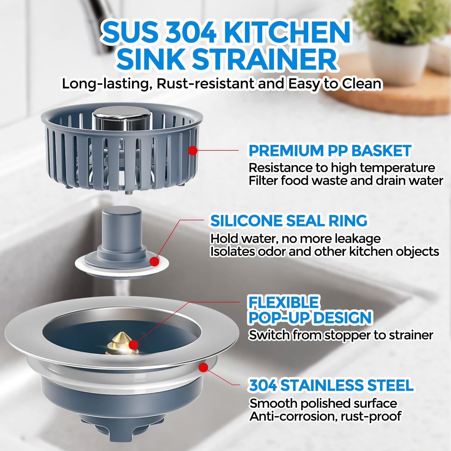 zaa 2 Pack Sink Drain Strainer, Sink Stopper, 3 in 1 Stainless Steel Kitchen Sink Drain Strainer with Anti-Clogging Basket, Fit US Standard 3-1/2 Inch Drain Hole