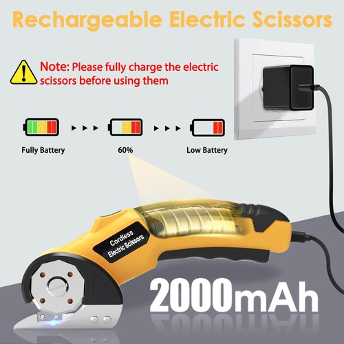 FATNSEAR Cordless Electric Scissors,4V Cardboard Cutter,Rechargeable Rotary Cutter for Cutting Cardboard,Leather,Packages,Plastic,with Safety Lock and Storage Box(Yellow)