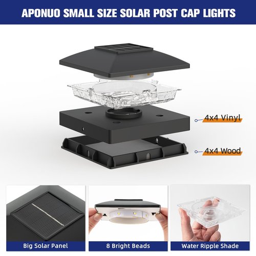 APONUO Solar Post Cap Lights for 4x4 Posts, Bright Warm White LED Post Cap Lights Solar Powered, IP64 Waterproof & All-Night Lighting, Black 16 Pack – Deck, Fence, Patio Light (Easy Install)