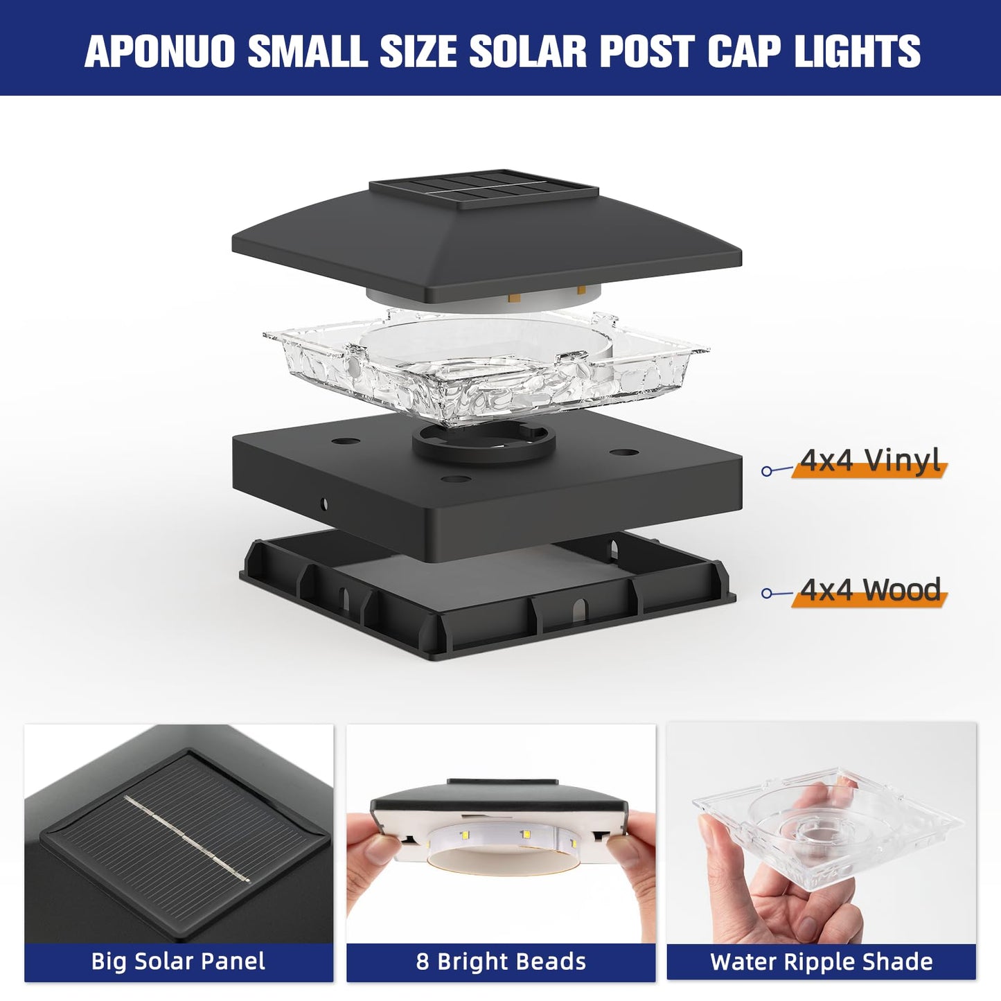 APONUO Solar Post Cap Lights for 4x4 Posts - IP64 Waterproof, 3000K LED, No-Wire Fence Lights & Deck Lights for Patio Garden Yard Patio, Black-Warm White, 12 Pack