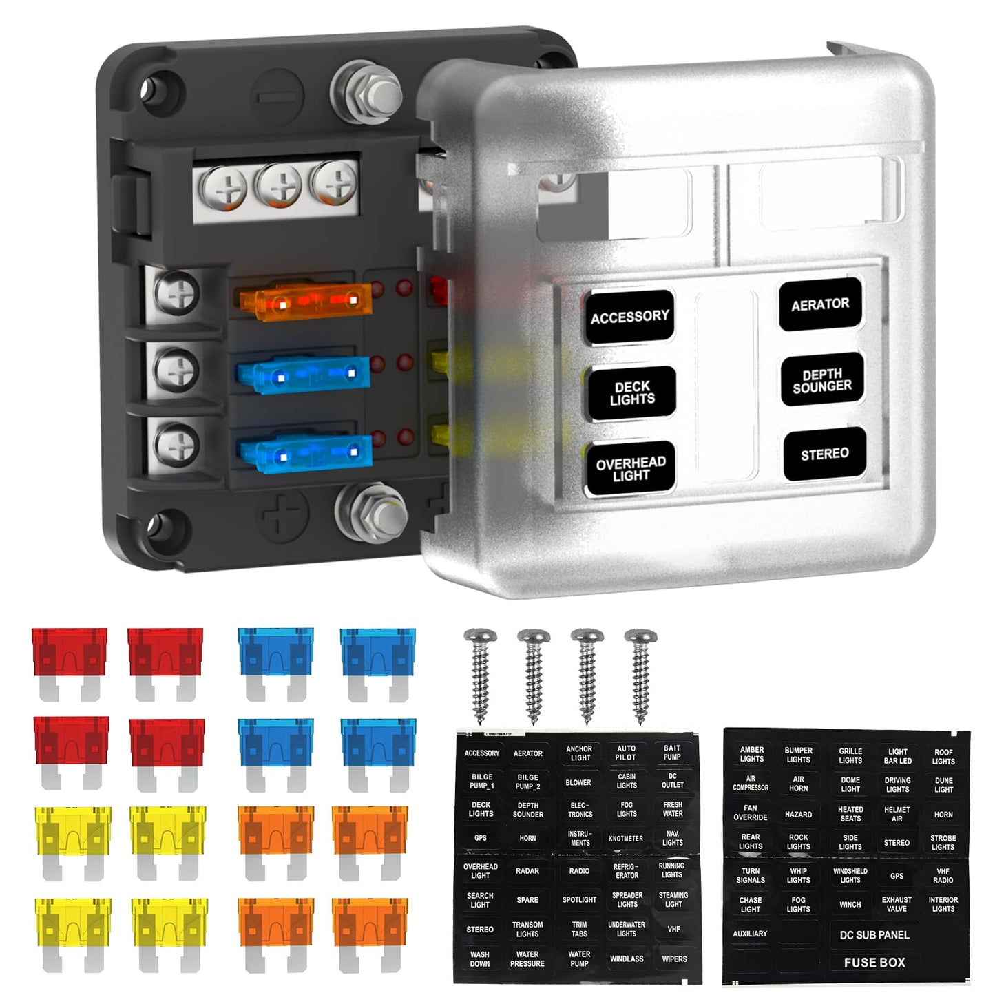 UCkasayfy 6 Way Fuse Block Box 12V/24V DC, ATC/ATO Fuse Panel with LED Indicator for Marine Boat Automotive Motorcycle