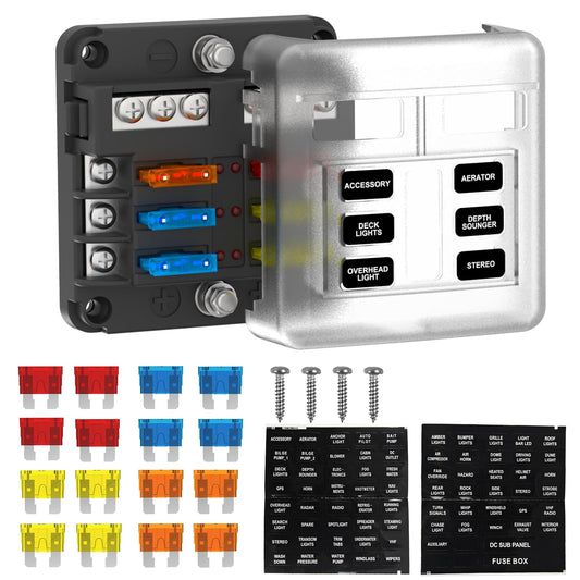UCkasayfy 6 Way Fuse Block Box 12V/24V DC, ATC/ATO Fuse Panel with LED Indicator for Marine Boat Automotive Motorcycle