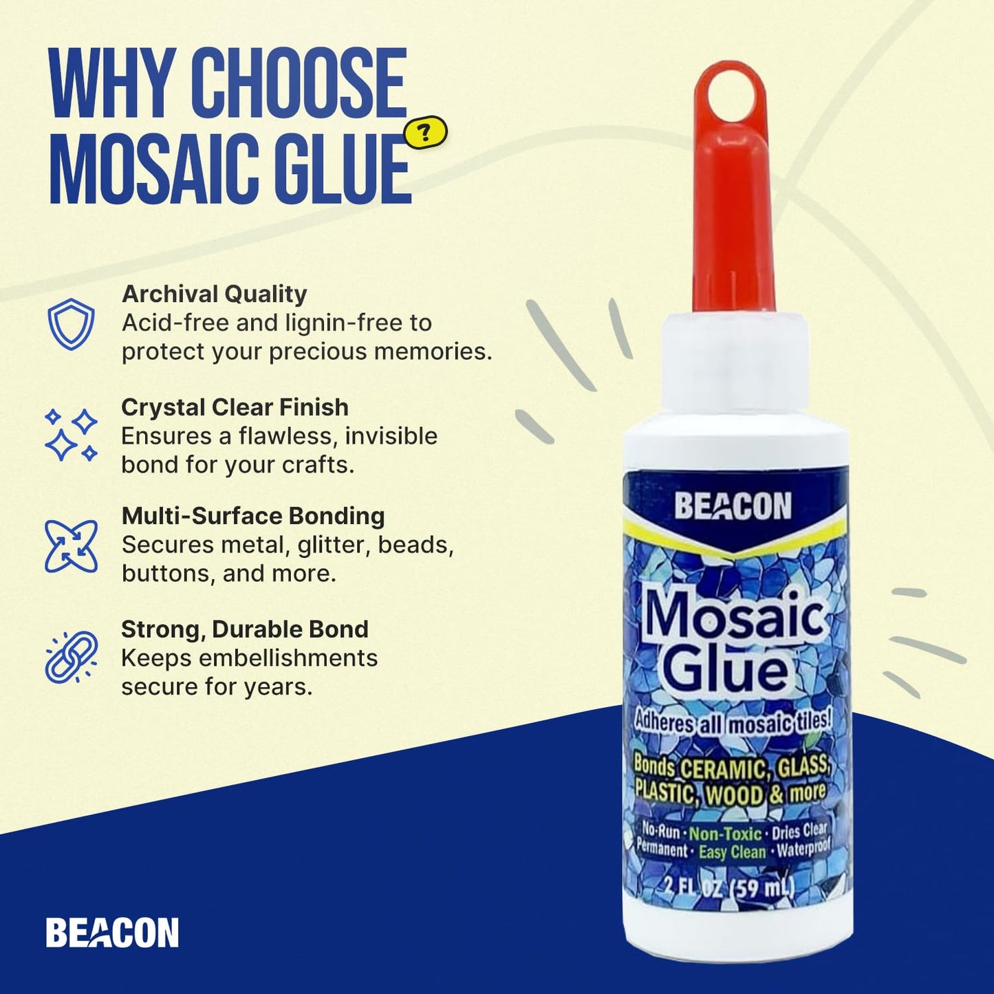 BEACON Mosaic Glue - Non-Toxic & Water Resistant, Ideal for All Tiles & Surfaces, 2-Ounce