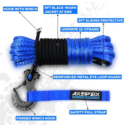 Synthetic Winch Rope Kit, 3/16" x 50ft 8500LBS Blue Winch Cable with Protective Sleeve, Forged Winch Hook, Rubber Stopper and Safety Pull Strap for ATV UTV