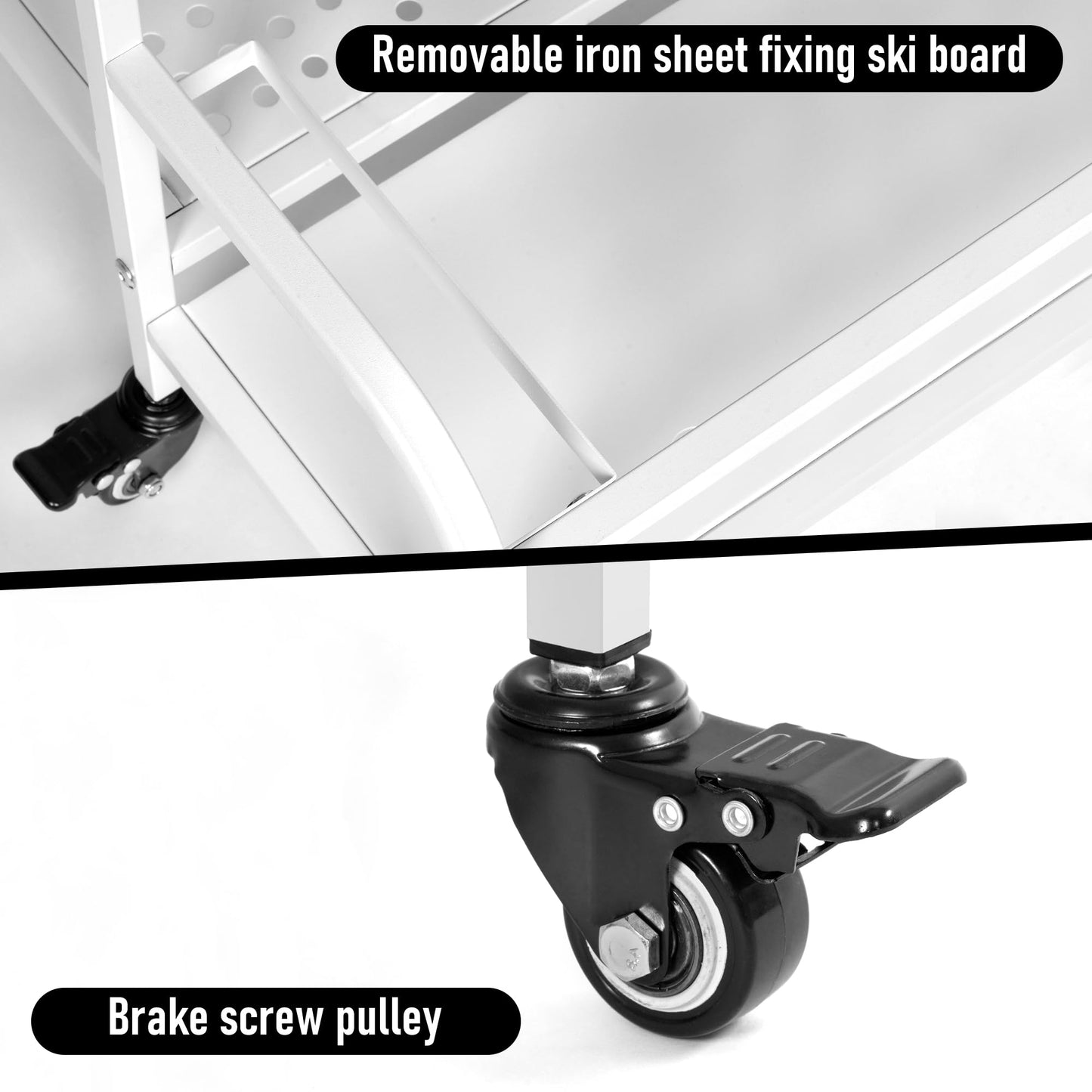 bimiti Freestanding Ski Rack for Garage, 2-Tier Ski Organizer with Storage for 4 Pairs of Skis, Boots, Poles, Goggles & Helmet, Space-Saving Ski Storage Rack for Home