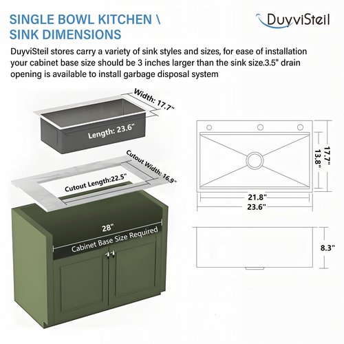 DuyviSteil 24 Inch Kitchen Sink Drop-in, Stainless Steel Top Mount Workstation Sink, Single Bowl Kitchen Sinks with Basket Strainer, D24"xW18"xH9" (Nano)