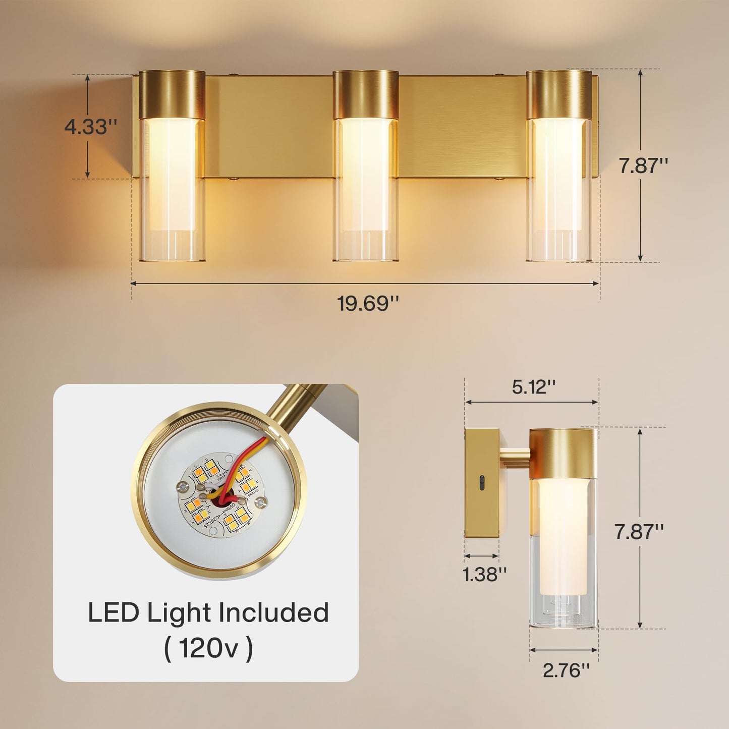 Tribesigns LED Bathroom Light Fixtures, 3-Light Vanity Lights Over Mirror, Wall Lights with 3 Color Modes & Gold Finish, Wall Sconces with Clear Glass Shades for Bathroom Hallway Bedroom