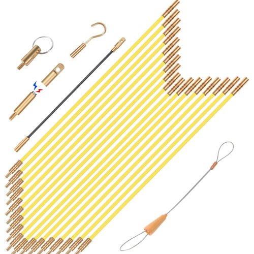 GURADESIGN 23.8FT Fiberglass Running Electrical Wire Cable Glow Rods Wire Pulling, Fish Rods Electrical Kit with 6 Different Attachments and Fish Tape Wire Puller Kit (Yellow)