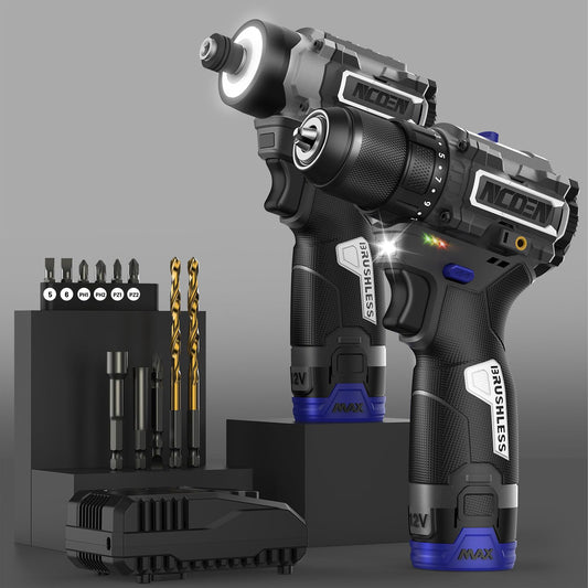 NCOEN 12V Cordless Drill and Impact Driver Power Tool Kits Combinados with 2 Batteries and Fast Charger (3/8"Drill & 1/4"Hex Impact Driver) for Home Installation,DIY tools
