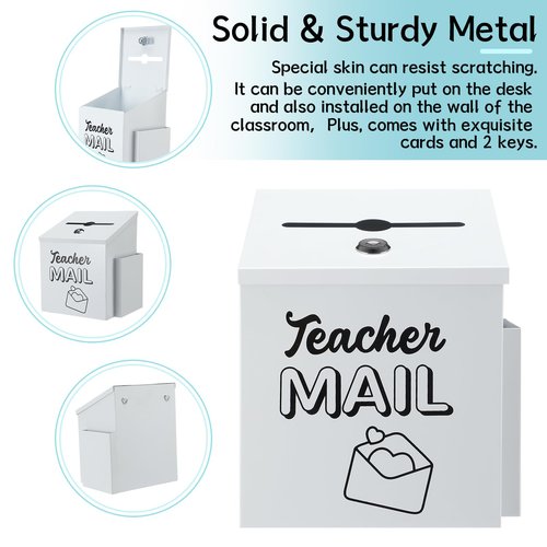 Dunzoom Teacher Mailbox Set Include 8.2x6.2x5.5 Inch White Metal Classroom Mailbox with Lock and 50 Cards for School Classroom Teacher Student Social Emotional Learning