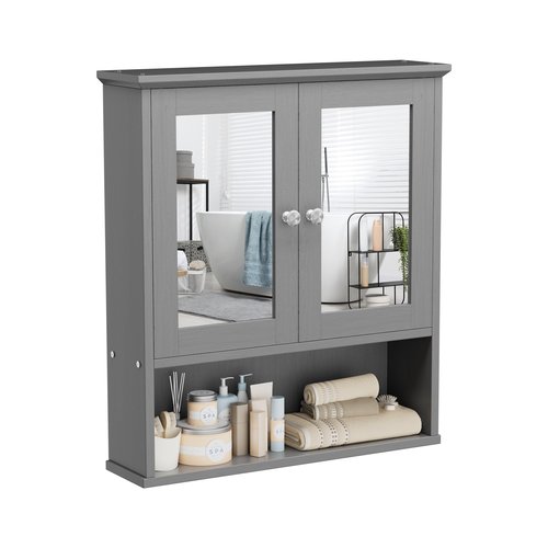 Walsunny Medicine Cabinet Mirror with Storage, Wood Bathroom Wall Cabinet with 2 Vanity Mirror Door and Adjustable Shelfs Wall Mounted for Rv Bathroom Restroom Kitchen, Gray