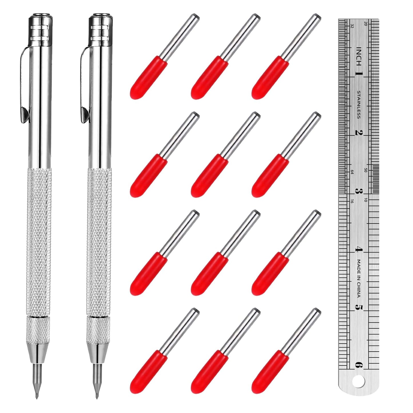 Telooco 2 Pack Metal Scribe with 12 Refills 1 Ruler Carbide Scribe Metal Scribes Tool Scriber Marking Tools Premium Etching Engraving Pen for Glass/Wood/Leather