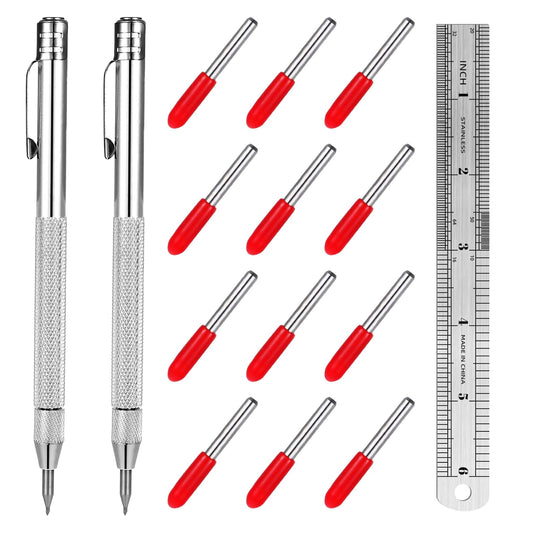 Telooco 2 Pack Metal Scribe with 12 Refills 1 Ruler Carbide Scribe Metal Scribes Tool Scriber Marking Tools Premium Etching Engraving Pen for Glass/Wood/Leather