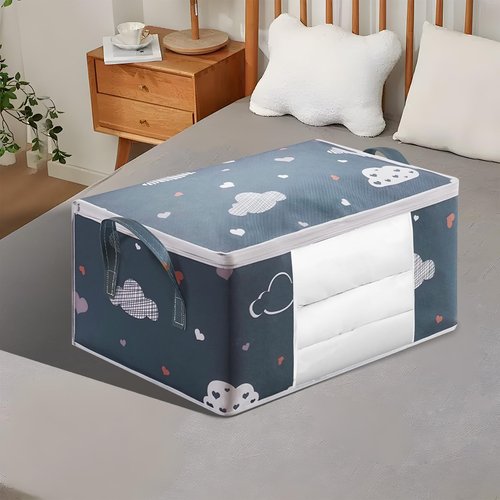 1 Extra Large Storage Bag for Blankets Clothes Comforters with Handles Clear Window Space Saving Foldable Non Woven Fabric 21.7x13.8x9.8in Deep Blue