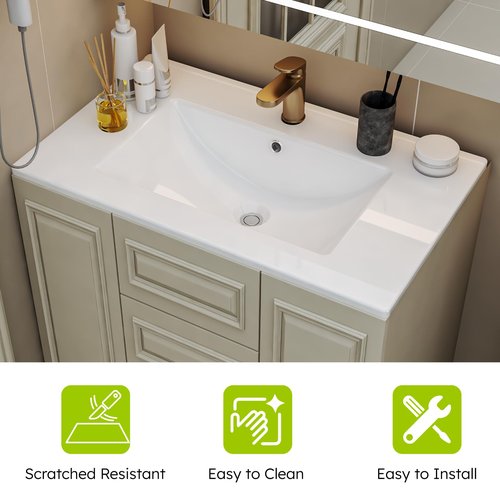 HXBOAUVS Bathroom Sink, Bathroom Counter Top 30" x 18", Rectangular Porcelain Ceramic Vanity Basin with Overflow, Single Sink Basin Vanity Top, Glossy White