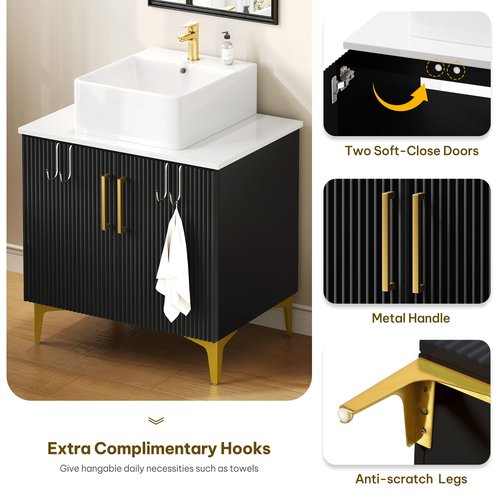 YITAHOME 30 Inch Bathroom Vanity with Vacuum Forming, Freestanding Storage Cabinet Vanity with Engineered White Stone Countertop, 2 Large Soft Closing Doors with Shelf, Gold Handles & Legs, Black