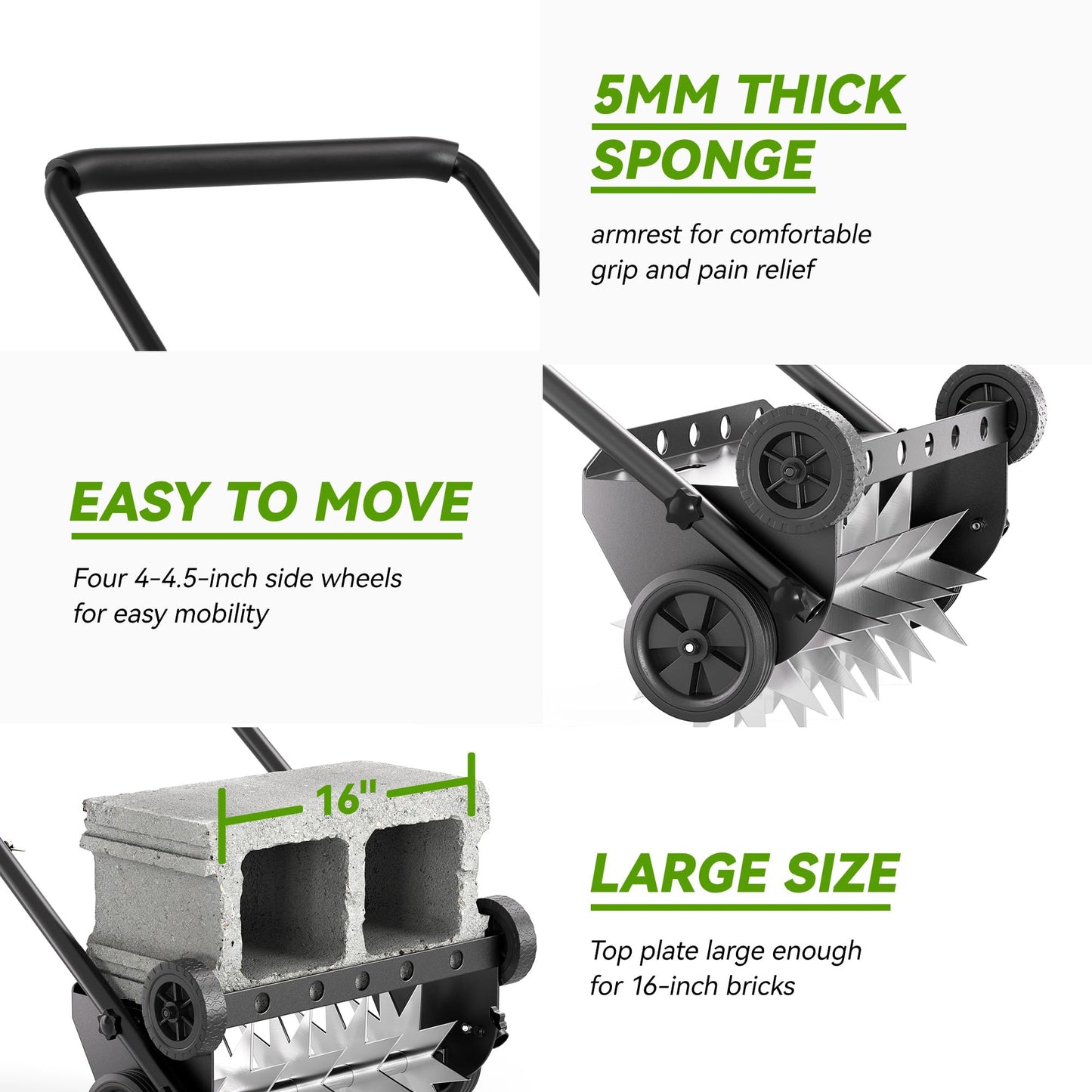 Lineware 18-Inch Lawn Aerator,Heavy Duty Push Spike Aerator with 4 Wheels,Aerator Lawn Tool with Steel Handle, Manual Aerator Lawn Tool with Foam Armrests, Suitable for Lawn, Garden and Yard