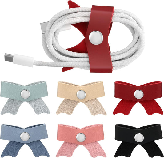 Weysat 12 Pcs PU Leather Charger Cord Organizer Bow Cord Keeper Headphone Earphone Bowknot Cable Management USB Cable Organizer