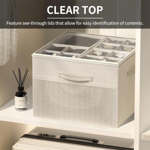 Aokeyee Shoe Organizer for Closet, 2 Pack Foldable Shoe Storage Organizer Box Bin with Adjustable Dividers and Clear Cover, Fits up to 16-32 Pairs (Beige)