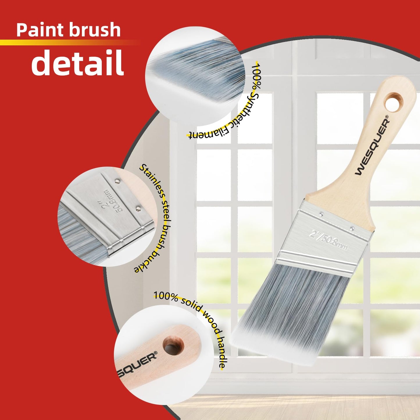 Wesquer 6 Pack Paint Brush Set – Flat & Angled Paint Brushes (1", 1.5", 2", 2.5") with 2" Short Handle Paint Brush, Professional Paint Brushes for Walls, Furniture, Wood Stain and Cabinet Painting